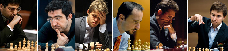 Anand, Kramnik, Carlsen, Topalov, Leko y Karjakin.